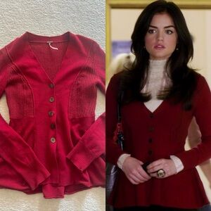 ASO Aria Montgomery PLL Free People Red Peplum Cardigan Button Sweater S